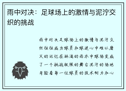 雨中对决：足球场上的激情与泥泞交织的挑战