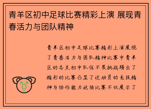 青羊区初中足球比赛精彩上演 展现青春活力与团队精神