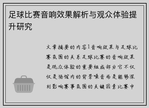 足球比赛音响效果解析与观众体验提升研究