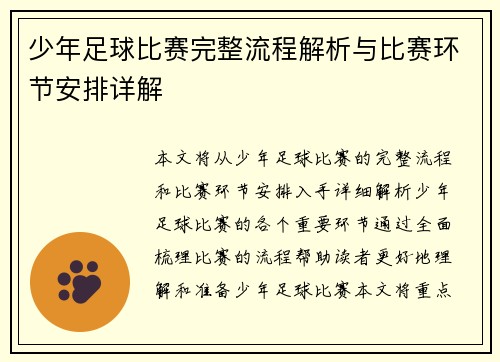 少年足球比赛完整流程解析与比赛环节安排详解