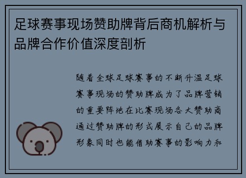 足球赛事现场赞助牌背后商机解析与品牌合作价值深度剖析