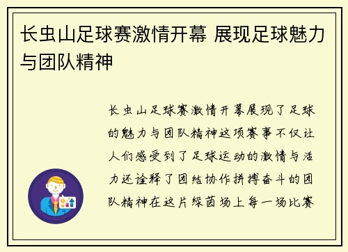 长虫山足球赛激情开幕 展现足球魅力与团队精神