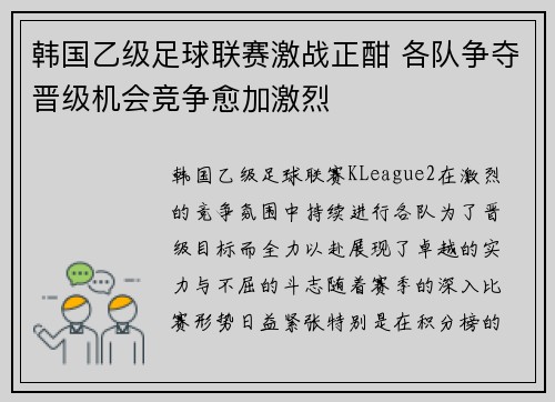 韩国乙级足球联赛激战正酣 各队争夺晋级机会竞争愈加激烈