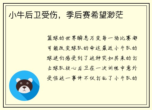 小牛后卫受伤，季后赛希望渺茫
