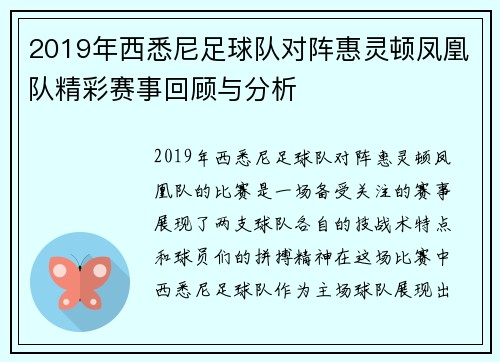 2019年西悉尼足球队对阵惠灵顿凤凰队精彩赛事回顾与分析