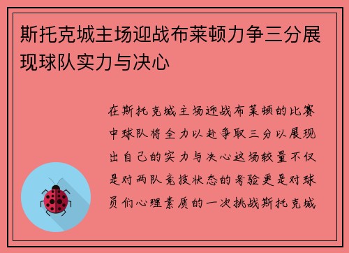 斯托克城主场迎战布莱顿力争三分展现球队实力与决心