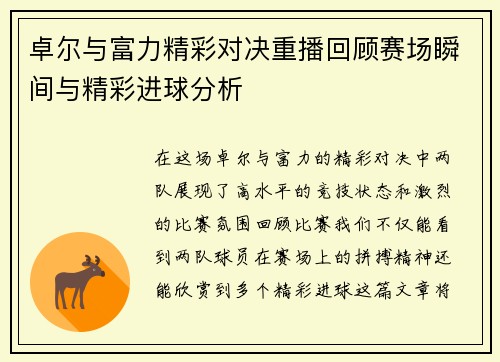 卓尔与富力精彩对决重播回顾赛场瞬间与精彩进球分析