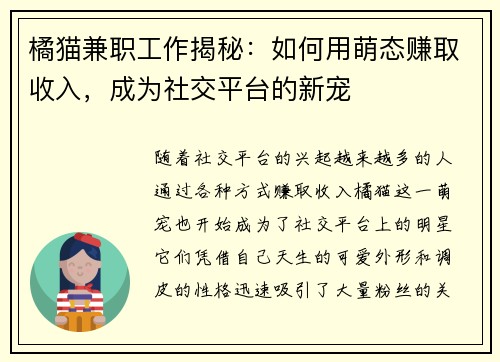 橘猫兼职工作揭秘：如何用萌态赚取收入，成为社交平台的新宠