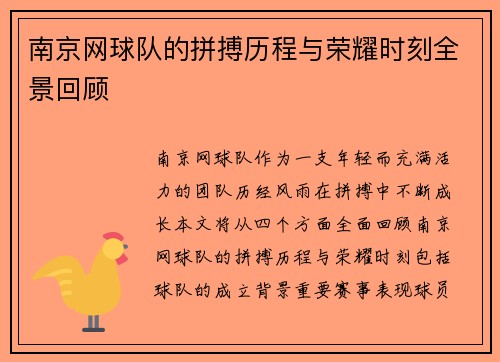 南京网球队的拼搏历程与荣耀时刻全景回顾