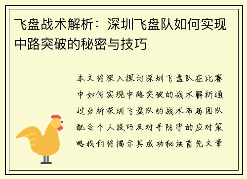 飞盘战术解析：深圳飞盘队如何实现中路突破的秘密与技巧