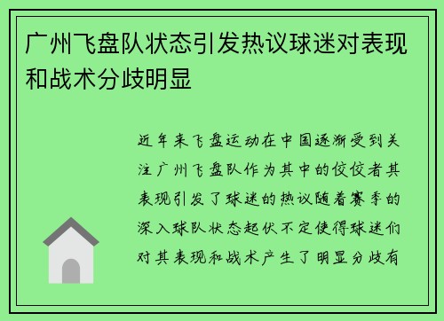 广州飞盘队状态引发热议球迷对表现和战术分歧明显